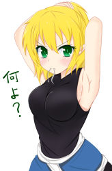 Rule 34 | &gt;:(, 1girl, angry, annoyed, armpits, arms behind head, arms up, blonde hair, blush, breasts, frown, green eyes, hair tie, highres, looking at viewer, medium breasts, mizuhashi parsee, pointy ears, short hair, shunki, sideboob, simple background, sleeveless, solo, touhou, tying hair, upper body, v-shaped eyebrows, white background