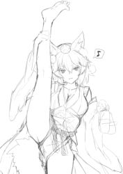 Rule 34 | 1girl, animal ears, barefoot, breasts, collarbone, commentary request, detached sleeves, feet, flexible, geta, greyscale, hair between eyes, hat, holding, holding clothes, holding footwear, inubashiri momiji, iwashi (nisankatanso), japanese clothes, large breasts, leg lift, leg up, long sleeves, looking at viewer, monochrome, musical note, pom pom (clothes), short hair, simple background, sketch, smile, soles, solo, split, spoken musical note, standing, standing on one leg, standing split, tail, toes, tokin hat, touhou, white background, wide sleeves, wolf ears, wolf tail