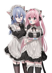 Rule 34 | 2girls, ?, alternate costume, animal ears, apron, black dress, black gloves, black necktie, black ribbon, black thighhighs, blue eyes, blue hair, blush, breasts, brown thighhighs, cat ears, cat girl, cat tail, chihuri, commentary request, dress, ende (chihuri), enmaided, frilled apron, frilled dress, frilled thighhighs, frills, gloves, hair between eyes, heart, highres, juliet sleeves, long sleeves, maid, maid headdress, medium breasts, multiple girls, nea (chihuri), neck ribbon, necktie, original, parted lips, partially fingerless gloves, pink hair, puffy sleeves, purple eyes, ribbon, simple background, smile, tail, tail wrap, thighhighs, two side up, white apron, white background, yuri