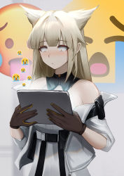 Rule 34 | 1girl, absurdres, animal ears, arknights, arknights: endfield, bare shoulders, black gloves, blonde hair, blush, cat ears, closed mouth, crying emoji, dress, emoji, gloves, grey jacket, highres, holding, holding tablet pc, jacket, krirk, long hair, long sleeves, looking at screen, meme, open clothes, open jacket, perlica (arknights), red eyes, solo, tablet pc, underbust, upper body, white dress, wide-eyed