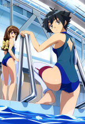 Rule 34 | 2girls, :d, :o, absurdres, ass, battle athletes, black hair, bow, brown eyes, brown hair, from behind, haruyama kazunori, highres, indoors, looking at viewer, looking back, megami magazine, multiple girls, official art, one-piece swimsuit, open mouth, pink eyes, scan, smile, swimsuit, thighhighs, towel, wet