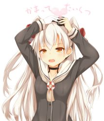 Rule 34 | 10s, 1girl, amatsukaze (kancolle), arms up, blush, brown eyes, choker, dress, embarrassed, fang, gloves, grey neckerchief, hair tubes, hands on headwear, hands on own head, headgear, highres, kantai collection, kuro-ra, neckerchief, open mouth, sailor collar, sailor dress, silver hair, simple background, single glove, smoke, solo, tears, two side up, upper body, white background, white gloves