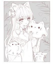 Rule 34 | 1girl, afterimage, animal, animal ear fluff, animal ears, bare shoulders, bird, breasts, bridal gauntlets, cat, cleavage, flower, flying, grey background, greyscale, hair flower, hair ornament, hands up, highres, holding, holding animal, large breasts, long hair, long sleeves, looking at viewer, monochrome, off shoulder, original, parted lips, sketch, solo, tandohark, very long hair, wide sleeves