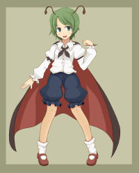 Rule 34 | 1girl, antennae, bad id, bad pixiv id, cape, female focus, goro, green eyes, green hair, highres, mary janes, matching hair/eyes, open mouth, shoes, solo, touhou, wriggle nightbug