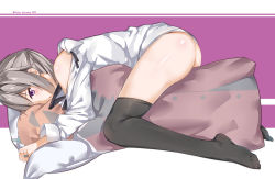 Rule 34 | 1girl, absurdres, ass, bad id, bad pixiv id, black thighhighs, black tie, blush, bottomless, character name, coat, dakimakura (object), dress shirt, frottage, full body, girls&#039; frontline, grey hair, highres, jack-o&#039;-lantern, jewelry, legs, long hair, lying, m200 (girls&#039; frontline), necktie, on pillow, partially undressed, pillow, purple background, purple eyes, ring, shirt, simple background, solo, thighhighs, thighs, undone necktie, white background, white shirt, yakumo ling