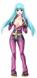 Rule 34 | 1girl, blue hair, blush, breasts, cleavage, g-tetsu, highres, kula diamond, long hair, no bra, open clothes, open shirt, red eyes, shirt, snk, solo, the king of fighters