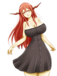 Rule 34 | 10s, 1girl, bare shoulders, black dress, breasts, buttons, cleavage, demon girl, dress, frown, horns, huge breasts, long hair, maou (maoyuu), maoyuu maou yuusha, red eyes, red hair, siratamaya, narrow waist, solo, strapless, strapless dress