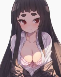 Rule 34 | 1girl, @ @, bad id, bad pixiv id, blush, bow, bow bra, bra, breasts, brown cardigan, brown hair, cardigan, cleavage, closed mouth, collarbone, collared shirt, commentary, dress shirt, grey background, kuranami shiki, long hair, looking at viewer, medium breasts, natsuki teru, off shoulder, open cardigan, open clothes, open shirt, original, pink bra, red eyes, shirt, short eyebrows, simple background, solo, thick eyebrows, underwear, upper body, very long hair, white shirt