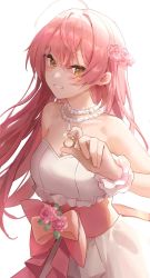 Rule 34 | 1girl, :d, ahoge, blush, bride, dasha, dress, flower, hair flower, hair ornament, highres, holding, holding jewelry, holding ring, idolmaster, idolmaster cinderella girls, jewelry, jougasaki mika, long hair, looking at viewer, necklace, open mouth, ornate ring, pearl necklace, pink flower, pink hair, pink rose, pink sash, ring, rose, sash, simple background, smile, solo, straight hair, strapless, strapless dress, upper body, very long hair, wedding dress, wedding ring, white background, white dress, yellow eyes