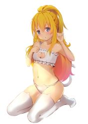 Rule 34 | 1girl, blonde hair, blue eyes, cat cutout, cat ear panties, cat lingerie, cleavage cutout, clothing cutout, frills, gabriel dropout, highres, ilham, long hair, meme attire, panties, paw pose, seiza, single strap, sitting, solo, tail, gabriel tenma white, thighhighs, underwear, underwear only, very long hair, white background