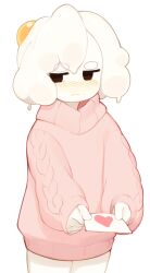 Rule 34 | 1girl, averting eyes, blush, brown eyes, cable knit, commentary, cowboy shot, egg (lemyawn), english commentary, heart, highres, incoming letter, jitome, letter, long sleeves, love letter, no pants, no pupils, nose blush, original, pink sweater, puffy long sleeves, puffy sleeves, simple background, solo, sweater, turtleneck, turtleneck sweater, wavy mouth, white background, white hair, yoako