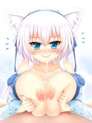 Rule 34 | 1boy, 1girl, animal ears, blue eyes, blush, grabbing another&#039;s breast, breasts, breasts out, breasts squeezed together, cat ears, collarbone, cum, cum on body, cum on breasts, cum on upper body, ejaculation, fang, grabbing, gradient background, hairband, hetero, highres, japanese clothes, kane-neko, kimono, large breasts, long hair, nipples, off shoulder, original, paizuri, pov, silver hair, skin fang, smile, solo focus