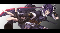 Rule 34 | 10s, 1girl, eyepatch, gloves, headgear, highres, kantai collection, letterboxed, machinery, necktie, partially fingerless gloves, purple hair, rigging, school uniform, short hair, skirt, smile, solo, sword, tenryuu (kancolle), thighhighs, turret, vandana, weapon, yellow eyes