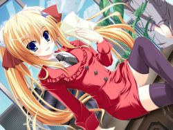 Rule 34 | 1girl, blonde hair, blue eyes, business suit, dutch angle, formal, game cg, hare hare harem, inuhiko, komatsugawa alice, long hair, non-web source, panties, pantyshot, solo, suit, thighhighs, twintails, underwear