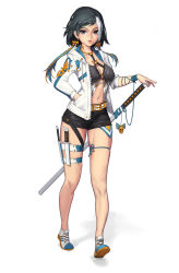 Rule 34 | 1girl, arm ribbon, belt, black hair, black shorts, blue ribbon, closed mouth, drawstring, earrings, eyelashes, full body, hands in pockets, highres, holster, hoop earrings, jacket, jewelry, katana, knife, leg ribbon, lips, long sleeves, looking at viewer, md5 mismatch, multicolored hair, navel, open clothes, open jacket, original, purple eyes, ribbon, shadow, sheath, sheathed, shoes, short hair, short shorts, shorts, simple background, skull, sneakers, solo, standing, stomach, streaked hair, sword, thigh holster, thigh strap, thighs, two-tone hair, unzipped, walking, weapon, white background, white belt, white footwear, white hair, white jacket