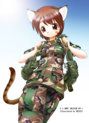 Rule 34 | 1girl, animal ears, army, bandaid, bandaid on face, brown eyes, brown hair, camouflage, cat ears, cat girl, cat tail, ebifly, female focus, gradient background, military, military uniform, original, solo, tail, uniform