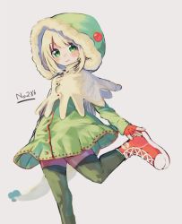 Rule 34 | 1girl, blonde hair, blush stickers, boots, breloom, brown capelet, capelet, closed mouth, creatures (company), cross-laced footwear, dress, fingerless gloves, fur-trimmed hood, fur trim, game freak, gen 3 pokemon, gloves, green dress, green eyes, green thighhighs, grey background, hood, hood up, lace-up boots, long sleeves, moti yousei, nintendo, personification, pokedex number, pokemon, red footwear, red gloves, simple background, sleeves past wrists, smile, solo, standing, standing on one leg, tail, thighhighs, thighhighs under boots