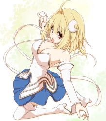 Rule 34 | 1girl, \m/, ahoge, arcueid brunestud, bare shoulders, blonde hair, blue skirt, boots, breasts, choker, cleavage, crescent, crescent hair ornament, detached sleeves, fang, hair intakes, hair ornament, kurikara, magical girl, phantas-moon, red eyes, short hair, simple background, skirt, smile, solo, thigh boots, thighhighs, tsukihime, white background, white footwear