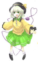 Rule 34 | 1girl, :d, bad id, bad pixiv id, full body, green eyes, green skirt, hat, hat ribbon, heart, heart of string, komeiji koishi, long sleeves, open mouth, outstretched arms, pigeon-toed, ribbon, shoes, simple background, skirt, smile, socks, solo, third eye, touhou, wide sleeves, yuichiitan