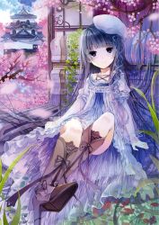 Rule 34 | 1girl, absurdres, architecture, blunt bangs, blurry, boots, chair, cherry blossoms, depth of field, dress, east asian architecture, fruit punch, hat, high heel boots, high heels, highres, knee boots, light smile, long hair, petals, purple eyes, purple hair, scan, see-through, see-through silhouette, sidelocks, sitting, solo, very long hair