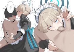 1boy 1girl black_hair blonde_hair blue_archive blue_eyes blue_halo blush breasts censored dark-skinned_male dark_skin fellatio femdom halo handjob hetero highres long_hair looking_at_viewer mosaic_censoring multiple_views narodenden oral penis short_hair sweat testicle_sucking testicles toki_(blue_archive) translated