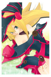 Rule 34 | 1girl, alternate color, bare shoulders, blonde hair, blush, collar, dark magician girl, detached sleeves, duel monster, gloves, green eyes, hat, long hair, pentacle, solo, witch hat, wizard hat, yu-gi-oh!, yuko (uc yuk), yuu-gi-ou, yu-gi-oh! duel monsters