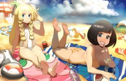Rule 34 | 2girls, arm support, ass, barefoot, beach, beach towel, bikini, black hair, blonde hair, blue eyes, blush, bottle, bracelet, braid, breast press, breasts, butt crack, can, cleavage, cloud, creatures (company), crossed legs, day, dratini, feet, feet up, finger to mouth, flat ass, frown, game freak, gen 1 pokemon, gen 3 pokemon, gen 4 pokemon, idlecum, jewelry, krabby, legendary pokemon, lillie (pokemon), long hair, looking at viewer, lying, medium breasts, mew (pokemon), middle finger, multiple girls, mythical pokemon, naughty face, nintendo, on stomach, one-piece swimsuit, piplup, pokemon, pokemon (creature), pokemon sm, selene (pokemon), short hair, side-tie bikini bottom, sitting, skindentation, smile, soles, squirtle, swimsuit, the pose, toe scrunch, toes, towel, twin braids, water bottle, wavy mouth, wingull