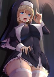 Rule 34 | 1girl, :p, blonde hair, blue eyes, blush, breasts, clothes lift, curvy, dress, dress lift, habit, heart, heart-shaped pupils, large breasts, long sleeves, looking at viewer, nun, open mouth, original, panties, short hair, solo, symbol-shaped pupils, thighhighs, thighs, tongue, tongue out, underwear, wide hips, yukidaruma718, zettai ryouiki