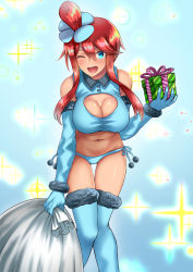 Rule 34 | 1girl, ;d, adapted costume, bare shoulders, blue eyes, blue gloves, blue legwear, blue panties, blush, box, breasts, christmas, cleavage, creatures (company), crop top, elbow gloves, fur trim, game freak, gift, gift box, gloves, gym leader, hair between eyes, hair ornament, highres, knees together feet apart, large breasts, leaning forward, looking at viewer, navel, nintendo, one eye closed, open mouth, panties, pokemon, pokemon bw, red hair, sack, santa costume, shirt, short hair with long locks, side-tie panties, sidelocks, skyla (pokemon), sleeveless, sleeveless shirt, smile, solo, stomach, takecha, underwear