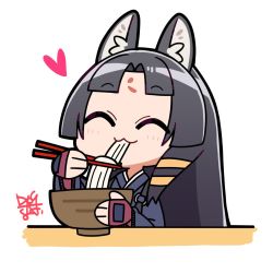 Rule 34 | 1girl, :3, ^ ^, animal ear fluff, animal ears, arknights, black kimono, blush, bowl, chopsticks, closed eyes, closed mouth, commentary request, dog-san, dog ears, eating, closed eyes, facial mark, facing viewer, fingerless gloves, food, forehead mark, gloves, heart, holding, holding chopsticks, japanese clothes, kimono, long hair, long sleeves, noodles, red gloves, saga (arknights), signature, simple background, solo, upper body, very long hair, white background, wide sleeves