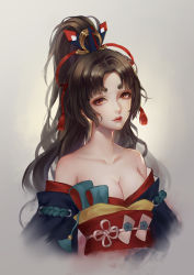 Rule 34 | 1girl, absurdres, bare shoulders, black hair, breasts, brown eyes, cleavage, collarbone, grey background, hair ornament, highres, japanese clothes, kimono, lingye mikazuki, lipstick, long hair, looking at viewer, makeup, obi, off shoulder, onmyoji, ponytail, red lips, red sash, sash, small breasts, smile, solo, thick eyebrows, upper body, youtouhime