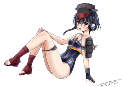 Rule 34 | 10s, 1girl, artist name, asymmetrical hair, bad id, bad pixiv id, bare shoulders, black hair, brown eyes, character name, framed breasts, gloves, hair between eyes, hat, headphones, highres, i-14 (kancolle), kantai collection, looking at viewer, omoomomo, open mouth, toeless footwear, partially fingerless gloves, sailor collar, school swimsuit, shoes, short hair, simple background, single glove, smile, solo, swimsuit, white background