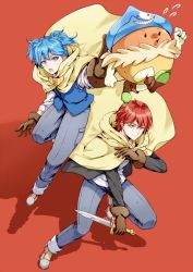 Rule 34 | 2boys, akabane karma, ansatsu kyoushitsu, blue eyes, blue hair, blue headwear, blue vest, boots, brown gloves, commentary request, denim, fighting stance, flying sweatdrops, gloves, hat, jeans, knee up, koro-sensei quest, looking at viewer, male focus, meipoi, multiple boys, official alternate costume, open mouth, pants, red background, red hair, scarf, shiota nagisa, shoes, short hair, simple background, smile, sword, vest, weapon