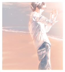 Rule 34 | 1boy, artist name, beach, black hair, border, cloud, cloudy sky, day, denim, fingernails, hair over eyes, jeans, long sleeves, male focus, ocean, original, outdoors, outstretched arms, pants, profile, rido (ridograph), sand, shaded face, shirt, short hair, sky, standing, sunlight, upper body, water, watermark, web address, white border, white shirt
