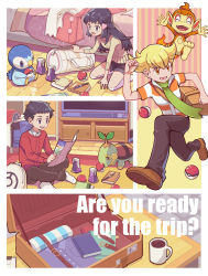 Rule 34 | 1girl, 2boys, barry (pokemon), bed, belt, black hair, book, border, briefcase, brown pants, buttons, coat, coffee, collared shirt, commentary request, creatures (company), cup, dawn (pokemon), english text, fire, game freak, green scarf, hair ornament, hairclip, hat, highres, indoors, jacket, long hair, lucas (pokemon), mug, multiple boys, nintendo, official art, over-kneehighs, pants, poke ball, poke ball (basic), pokemon, pokemon (creature), pokemon bdsp, potion (pokemon), red sweater, scarf, shirt, shoes, shorts, sitting, socks, sweater, thighhighs, unworn coat, unworn hat, unworn headwear, unworn jacket, unworn scarf, unworn shirt, white border, wooden floor