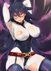 Rule 34 | 10s, 1girl, absurdres, ahoge, areola slip, armpits, arms behind head, arms up, belt, belt buckle, black hair, black leotard, blue eyes, blue thighhighs, blush, bodysuit, boku no hero academia, breastless clothes, breasts, buckle, covered erect nipples, covered navel, cowboy shot, dominatrix, domino mask, facing viewer, garter straps, hair between eyes, happy, highres, hip focus, large breasts, leotard, long hair, looking at viewer, mask, midnight (boku no hero academia), minakami (flyingman555), mole, mole under eye, navel, nipples, open mouth, puffy nipples, smile, solo, spiked hair, teeth, thighhighs, thighs, tongue, torn bodysuit, torn clothes, underbust, white bodysuit