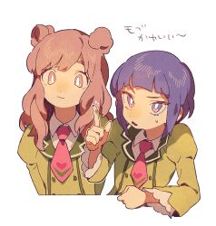 Rule 34 | 2girls, avocado academy school uniform, blunt bangs, brown eyes, brown hair, closed mouth, collared shirt, commentary request, cropped torso, double bun, green jacket, hair bun, hand up, idol time pripara, index finger raised, jacket, juliet sleeves, katupuraamen, long hair, long sleeves, looking at viewer, multiple girls, necktie, open mouth, pink necktie, pretty series, pripara, puffy sleeves, purple eyes, purple hair, school uniform, shirt, short hair, simple background, smile, translation request, upper body, white background, white shirt