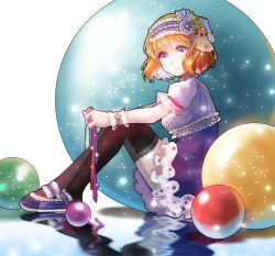 Rule 34 | 1girl, alice margatroid, alternate costume, ball, black thighhighs, blonde hair, blue eyes, bow, dress, female focus, frills, hair bow, hairband, ribbon, shoes, short hair, sitting, smile, solo, thighhighs, touhou, vetina