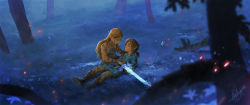 Rule 34 | 1boy, 1girl, arrow (projectile), bettykwong, blonde hair, dirty, closed eyes, forest, glowing, glowing sword, glowing weapon, highres, injury, lap pillow, link, long hair, lying, master sword, nature, nintendo, on back, planted, planted arrow, pointy ears, ponytail, princess zelda, short ponytail, sword, tears, the legend of zelda, the legend of zelda: breath of the wild, tree, watermark, weapon, web address