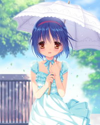 Rule 34 | 1girl, alternate costume, blue dress, blue hair, blue sky, blurry, brown eyes, cloud, commentary request, cowboy shot, day, depth of field, dress, gate, hairband, highres, holding, holding umbrella, little busters!, looking at viewer, nishizono mio, outdoors, parasol, red hairband, sacraneco, shade, short hair, sky, smile, solo, standing, sundress, tree, umbrella
