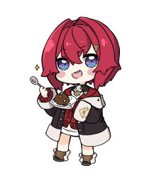 Rule 34 | 1girl, :d, ange katrina, black footwear, black jacket, blush stickers, chibi, commentary request, curry, curry rice, food, full body, hair between eyes, hair intakes, hair ornament, hairclip, highres, holding, holding plate, holding spoon, jacket, long sleeves, looking at viewer, nijisanji, nozo (hitomiz), off shoulder, open clothes, open jacket, open mouth, plate, purple eyes, red hair, red jacket, rice, shirt, simple background, sleeves past wrists, smile, solo, sparkle, spoon, virtual youtuber, white background, white shirt