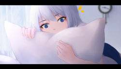 Rule 34 | 1girl, blue eyes, blue skirt, blurry, blurry background, clock, curtains, depth of field, grey hair, indoors, letterboxed, long hair, looking at viewer, notice lines, hugging object, original, pillow, pillow hug, pleated skirt, shimmer, skirt, solo, wall clock