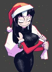 Rule 34 | 1girl, absurdres, bag, bare shoulders, black dress, black hair, breasts, christmas, closed mouth, covered navel, dress, elbow gloves, fingerless gloves, gloves, hat, highres, impossible clothes, impossible dress, long dress, long hair, medium breasts, multicolored hair, noss (rariatto), original, santa hat, sleeveless, sleeveless dress, smile, solo, streaked hair, wavy mouth, white hair