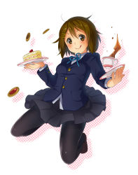 Rule 34 | 1girl, brown eyes, brown hair, cake, cookie, cup, floating, food, fruit, highres, hirasawa yui, k-on!, layer cake, loafers, pantyhose, pleated skirt, ribbon, school uniform, shoes, short hair, skirt, strawberry, strawberry shortcake, tea, teacup, thumbprint cookie, tongue, tongue out, yamori (stom)