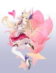 Rule 34 | 1girl, absurdres, ahri (league of legends), animal ears, asami okutoshioku, bare shoulders, blonde hair, blue eyes, breasts, detached sleeves, fox ears, frilled skirt, frills, from side, gradient background, hair ornament, hand up, heart, high heels, highres, league of legends, long hair, looking at viewer, multicolored tail, official alternate costume, pink tail, red skirt, shirt, skirt, smile, solo, star guardian (league of legends), star guardian ahri, tail, thighhighs, vastaya, white shirt, white thighhighs