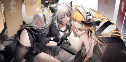 Rule 34 | 2girls, absurdres, animal ears, arknights, arm around neck, artist name, asymmetrical docking, banner, bare arms, bare shoulders, bent over, black gloves, black socks, blonde hair, blue eyes, blunt bangs, breast press, breasts, cellphone, closed mouth, demon horns, dress, gloves, grey eyes, highres, holding, holding phone, horns, knee up, kneehighs, lappland (arknights), lappland (refined horrormare) (arknights), large breasts, long hair, material growth, multiple girls, nightingale (arknights), official alternate costume, oripathy lesion (arknights), parted lips, phone, sharp teeth, short sleeves, sideboob, silver hair, sitting, sleeveless, sleeveless dress, smartphone, smile, socks, sweat, teeth, thighhighs, thighs, very long hair, white dress, white headwear, wolf ears, yushe quetzalli