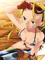 Rule 34 | 1girl, ahoge, arichan2927, bikini, blonde hair, blue eyes, breasts, brown gloves, cammy white, dirty, dirty face, fingerless gloves, forehead, from above, gloves, goggles, goggles on head, hair down, highres, long hair, map, medium breasts, motor vehicle, motorcycle, navel, on vehicle, side-tie bikini bottom, skindentation, solo, straddling, street fighter, street fighter v, sweat, swimsuit