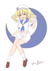 Rule 34 | anchor symbol, blonde hair, blue neckerchief, blue sailor collar, breasts, brown footwear, commentary request, cona, crescent, crescent moon, full body, happy, hat, highres, kitashirakawa chiyuri, kneehighs, loafers, looking at viewer, medium breasts, midriff, moon, navel, neckerchief, open mouth, puffy short sleeves, puffy sleeves, sailor, sailor collar, sailor hat, sailor shirt, shirt, shoes, short sleeves, shorts, simple background, sitting, socks, touhou, touhou (pc-98), twintails, two side up, white background, white hat, white shirt, white shorts, white socks, yellow eyes