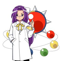 Rule 34 | 1girl, asakura rikako, atom, buttons, closed mouth, coat, cowboy shot, erlenmeyer flask, eyes visible through hair, flask, glasses, hair ribbon, hand in pocket, holding, holding flask, kaigen 1025, lab coat, long hair, long sleeves, looking at viewer, neck ribbon, parted bangs, pince-nez, purple eyes, purple hair, ribbon, solo, standing, straight-on, touhou, touhou (pc-98), white background, white coat, white ribbon, yellow ribbon