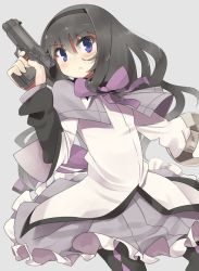 Rule 34 | 10s, 1girl, :&lt;, akemi homura, bad id, bad pixiv id, black hair, frills, frown, gun, hairband, long hair, magical girl, mahou shoujo madoka magica, mahou shoujo madoka magica (anime), pantyhose, purple eyes, sil, solo, spoilers, supershiruco, weapon